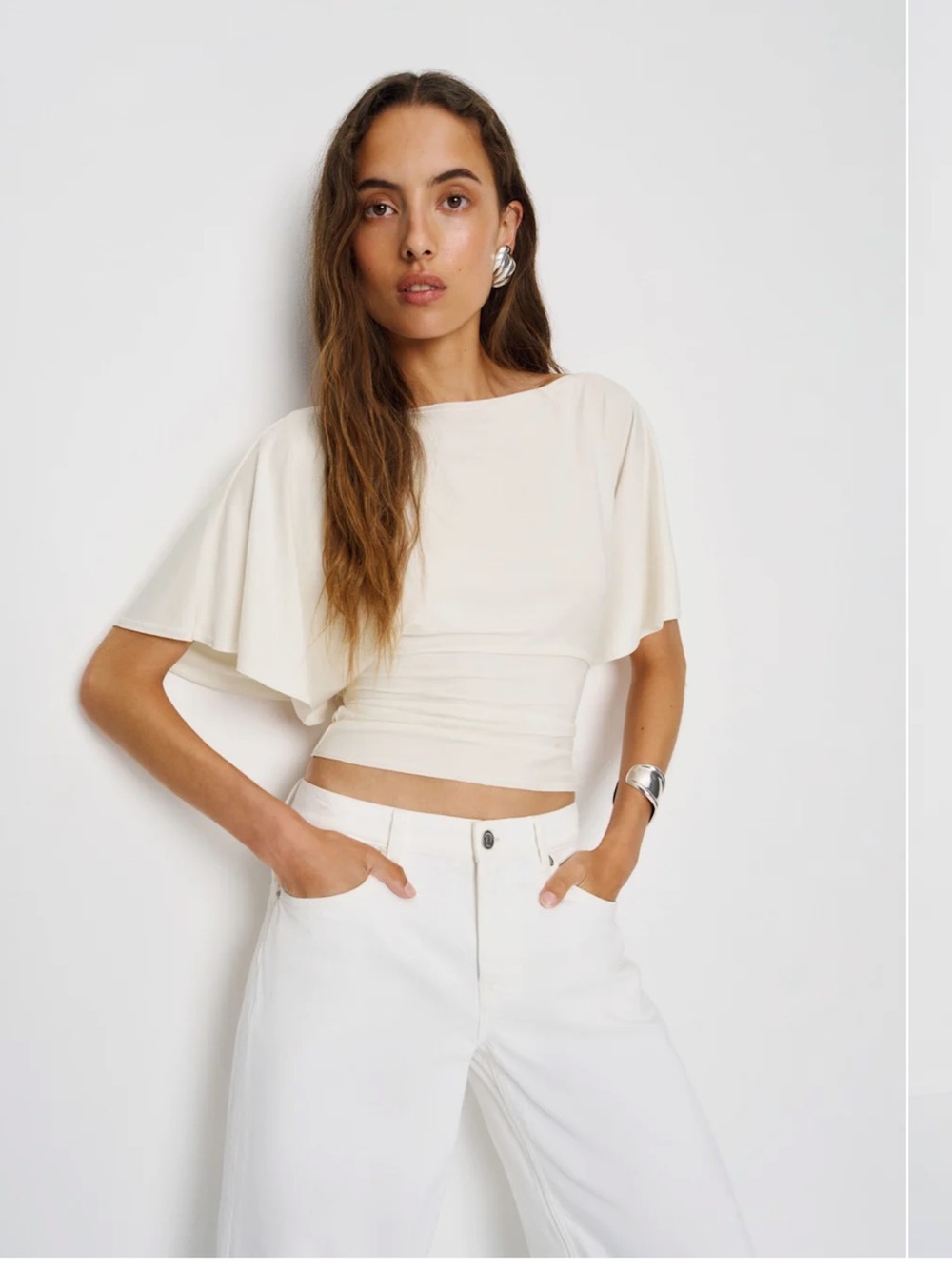 Reformation Cream White Draped Sleeve Crop Top